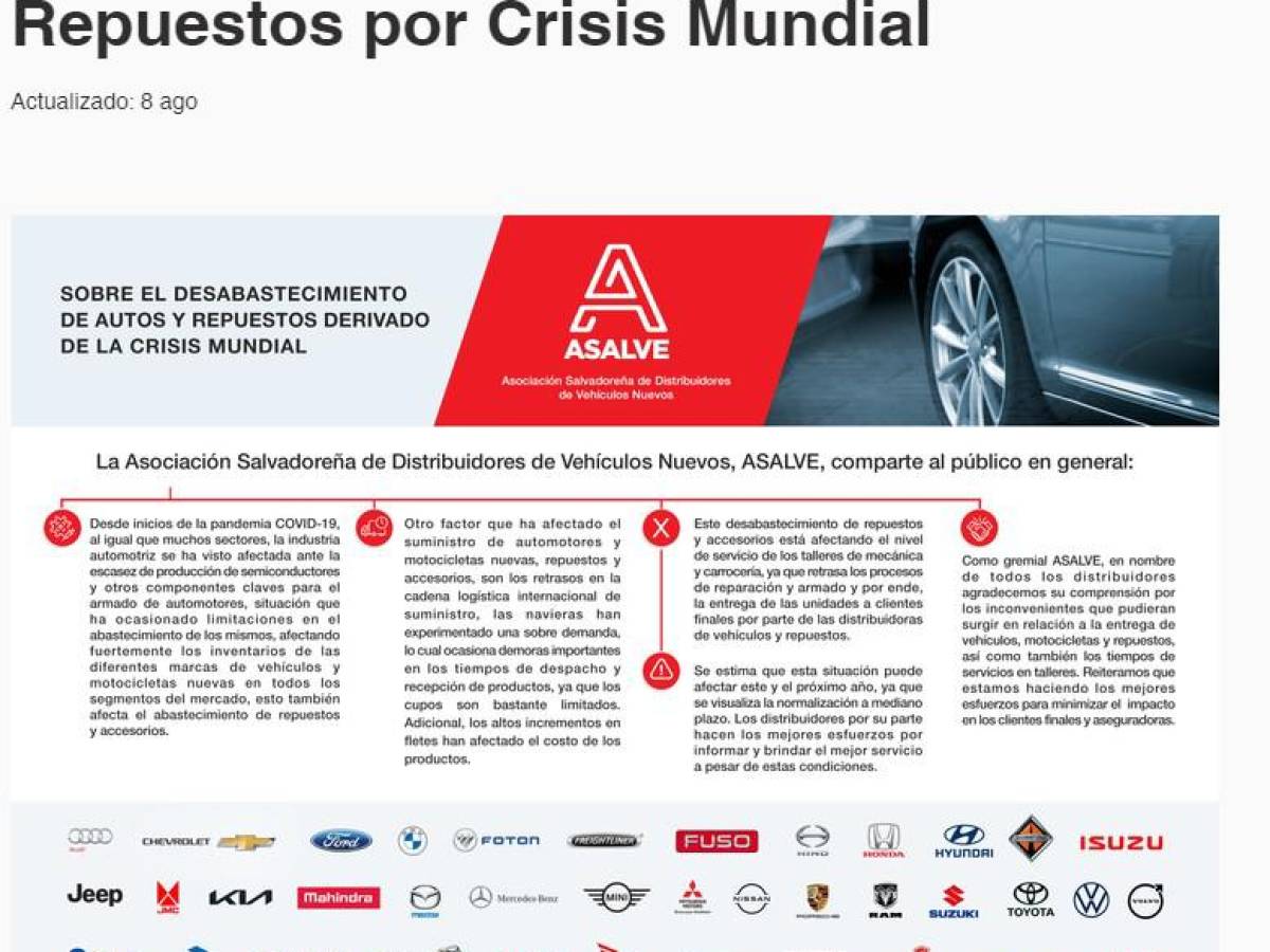 Industria automotriz salvadoreña resiente los impactos de la crisis global de suministros
