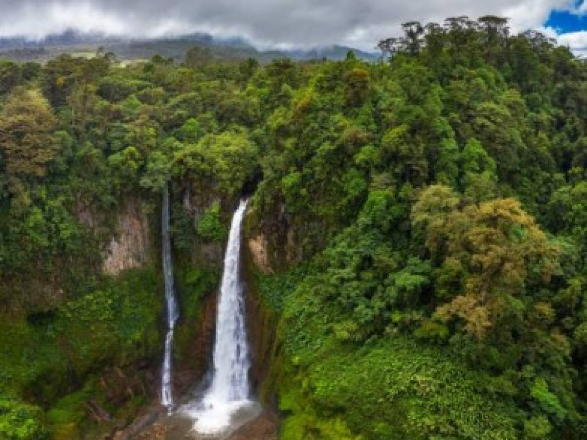 Aerial view of the Catarata del Toro waterfall in Costa Rica with surrounding mountains. This waterfall is located in Juan Castro Blanco National Park on the Toro Amarillo River and is 90m high.