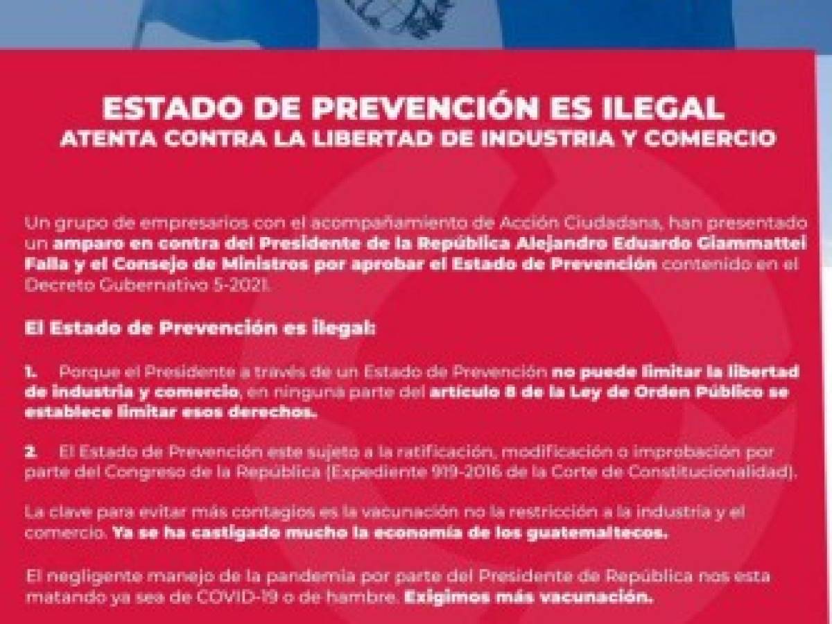 Empresarios guatemaltecos: Es ilegal el Estado de Prevención