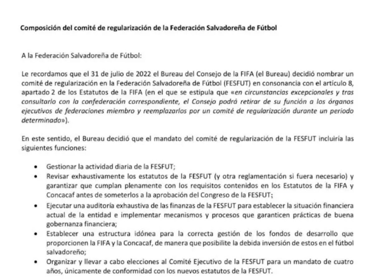 FIFA nombra comité de regularización de Federación salvadoreña
