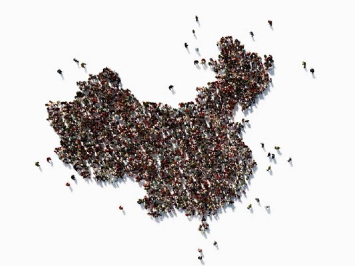 Human crowd forming China map on white background. Horizontal composition with copy space. Clipping path is included. Population and Social Media concept.