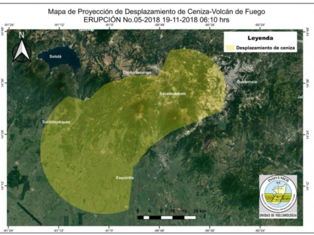 Junto con el volcán de Fuego, también se mantienen activos en Guatemala los volcanes Pacaya, 20 km al sur de la capital, y el Santiaguito, 117 km al oeste, que han aumentado su actividad pero sin entrar en fase eruptiva. Esta es la previsión de zonas afectadas por la expulsión de ceniza.