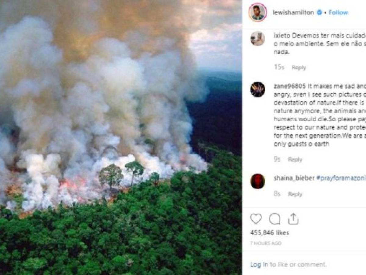 El corredor de Fórmula 1 británico Lewis Hamilton en Instagram eligió la misma imagen de la Amazonia que el presidente francés, anterior a 2003.