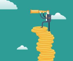 Top view,businessman with spyglass on Stacks of gold coins. vector illustration,EPS 10.