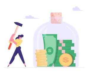 Money Saving and Finance Problems Concept. Business Woman Hitting Huge Glass Jar with Hammer going to Take Coins and Bills from Moneybox. Financial Investment Deposit Cartoon Flat Vector Illustration