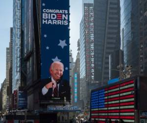 Manhattan, New York. November 09, 2020. Times Square tribute to president elect Joe Biden.