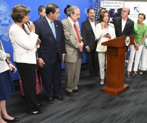 US Speaker of the House Nancy Pelosi (4-R) speaks during a press conference in the Central University (UCA), in San Salvador, on August 9, 2019. (Photo by Oscar Rivera / AFP)