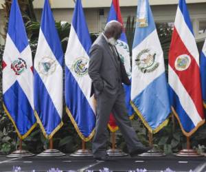 Belize's Foreign Minister Wilfred Elrington walks in front flags before posing for the official picture of the LXXVIII Meeting of the Council of Ministers of Foreign Affairs of the Central American Integration System (SICA)in Guatemala City on June 4, 2019. - (Photo by Johan ORDONEZ / AFP)