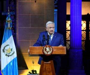 Mexican President Andres Manuel Lopez Obrador speaks during a a joint press conference with his Guatemalan counterpart Alejandro Giammattei (out of frame )at the Culture Palace in Guatemala City, on May 5, 2022. (Photo by Johan ORDONEZ / AFP)