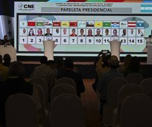 El secretario del Consejo Nacional Electoral (CNE) Alejandro Martínez (R) muestra una pantalla con la papeleta electoral luego del sorteo del orden en que aparecerán en ella los candidatos presidenciales para las elecciones del 27 de noviembre, en Tegucigalpa, el 22 de agosto de 2021 . (Foto de Orlando SIERRA / AFP)
