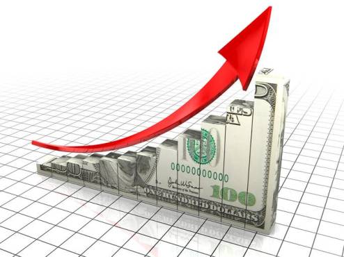 3d illustration of raising chart with dollar texture, over white background