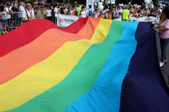 <i>Los participantes muestran una bandera con los colores del arcoíris durante el desfile del Orgullo LGBTIQ (lesbianas, gays, bisexuales, transgénero, intersexuales y queer) en Madrid el 1 de julio de 2023. (Foto de Pierre-Philippe MARCOU / AFP)</i>