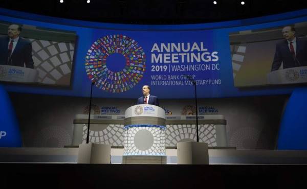 World Bank President David Malpass speaks at the IMF/World Bank Annual Fall Meetings Plenary Session in Washington, DC, on October 18, 2019. (Photo by Andrew CABALLERO-REYNOLDS / AFP)