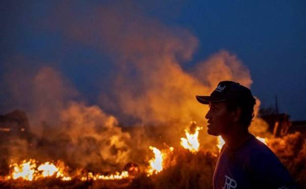 A labourer stares at a fire that spread to the farm he work on next to a highway in Nova Santa Helena municipality in northern Mato Grosso State, south in the Amazon basin in Brazil, on August 23, 2019. - Official figures show 78,383 forest fires have been recorded in Brazil this year, the highest number of any year since 2013. Experts say the clearing of land during the months-long dry season to make way for crops or grazing has aggravated the problem. More than half of the fires are in the Amazon. (Photo by Joao LAET / AFP)