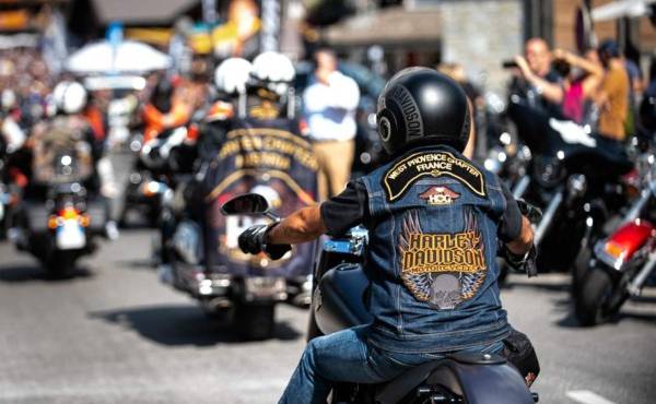 A motorcyclist wears a Harley-Davidson vest as he takes part in the seventh edition of the annual 'Morzine Harley Days' festival, in Morzine on July 13, 2019. - Some 25.000 motorcycles and 40.000 bikers from across Europe are gathering in Morzine from July 11 to July 14, to participate in the event. (Photo by ROMAIN LAFABREGUE / AFP)