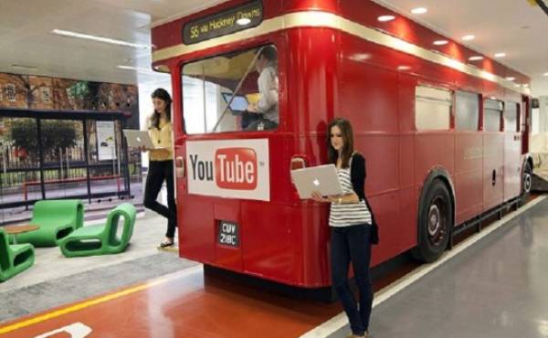 Google Offices Victoria where they have installed a Routemaster as a conference room Pictured Zayna Aston, (cream jacket) Nicola Rennison and Ollie Rickman all 28yrs