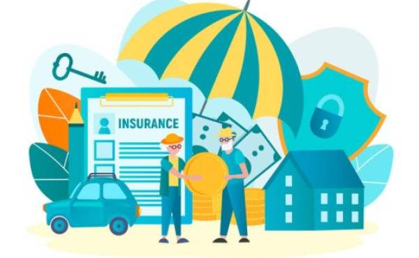 Vector illustration of pension insurance, insurance of savings of elderly people, an elderly man and woman and the objects and characters of insurance: an umbrella, a form of insurance, a shield with a padlock, cash, car, key.