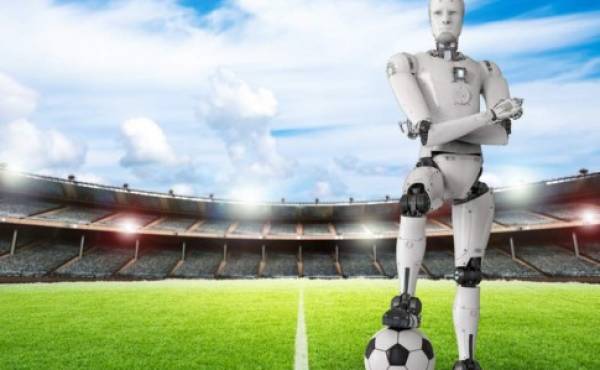 3d rendering humanoid robot with soccer ball
