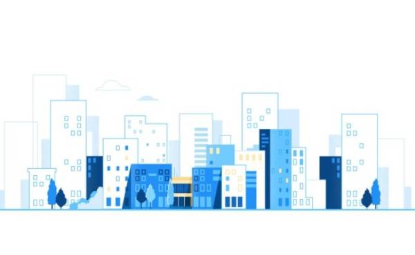 Urban landscape. City skyline. Cityscape background with road and cars vector illustration isolated