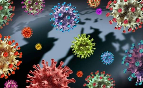 Global Virus variant and mutating cells concept or new coronavirus b.1.1.7 variants outbreak and covid-19 viral cell mutation as an influenza background with dangerous flu strain as a medical health risk as a 3D render.