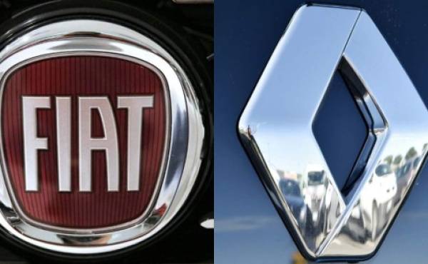 (COMBO) This combination of pictures created on May 26, 2019 shows the logo of Italian auto maker Fiat (L) (FCA) on January 12, 2017 in Saluzzo, near Turin. And the logo of carmaker Renault in Saint-Herblain, western France, on January 15, 2016. - French and Italian-US auto giants Renault and Fiat Chrysler are set to announce talks on an alliance, with a view to a potential merger, informed sources said on May 26, 2019. (Photos by MARCO BERTORELLO and LOIC VENANCE / AFP)