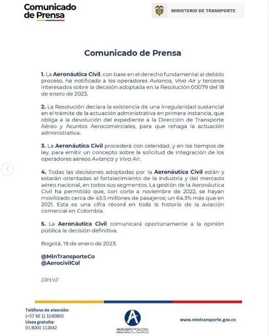 Colombia: Proceso Avianca-Viva fue anulado por error de procedimiento